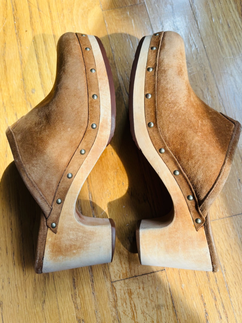 UGG Tan Suede Studded Wooden Clog Mules - Picture 3 of 10